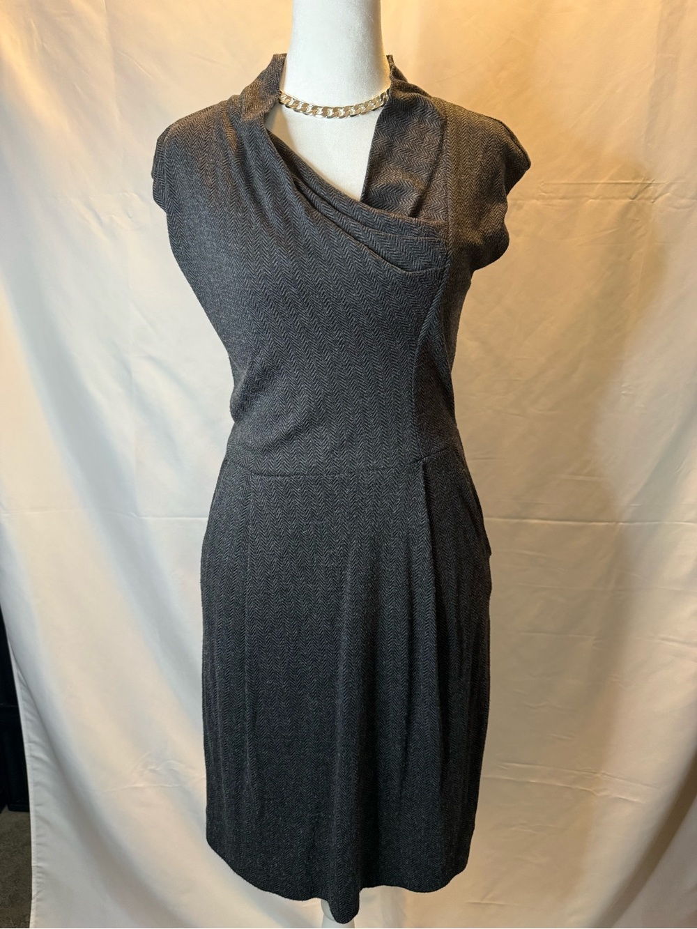 Banana Republic Charcoal Herringbone Draped Cap-Sleeve Midi Dress